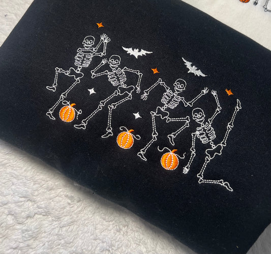 White Skeletons Halloween Embroidered Crewneck Sweatshirt