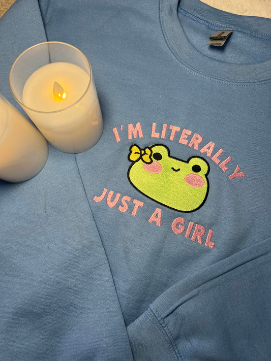 I'm Just A Girl Froggie Embroidered Crewneck Sweatshirt