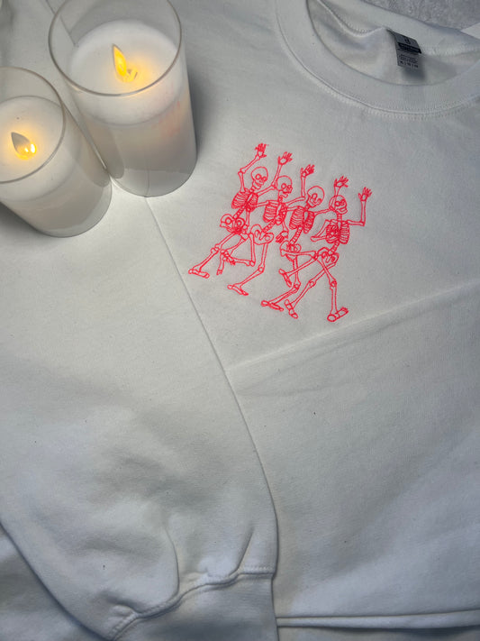 Hot Pink Dancing Skeletons Embroidered Crewneck Sweatshirt